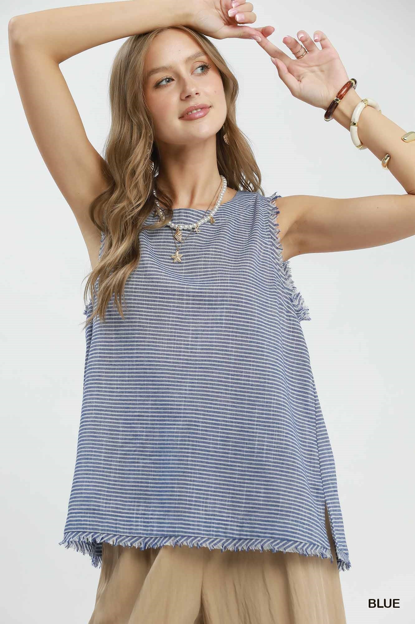 Stripe Fringe Trim Sleeveless Top by Umgee in Blue
