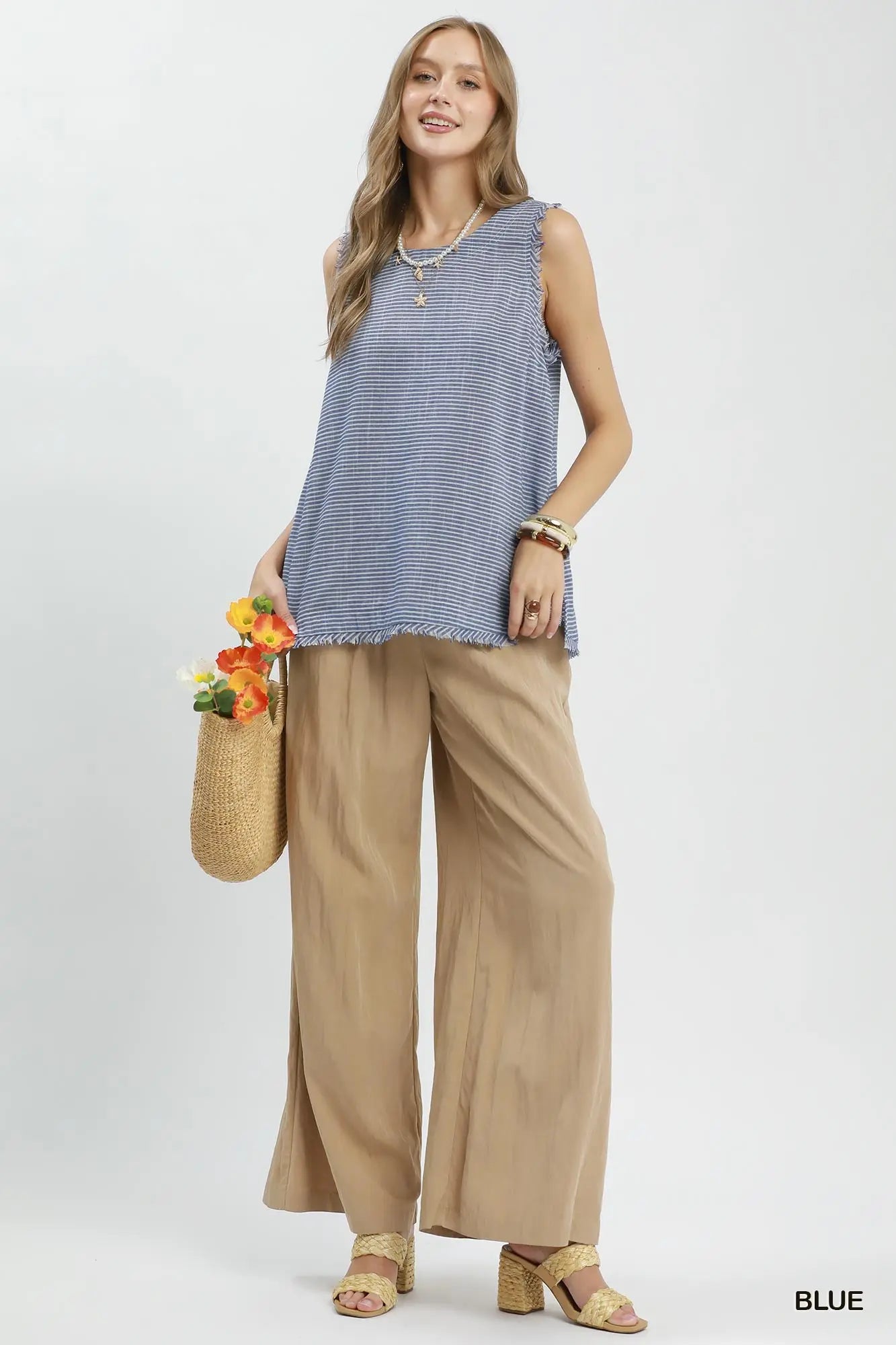Stripe Fringe Trim Sleeveless Top by Umgee in Blue