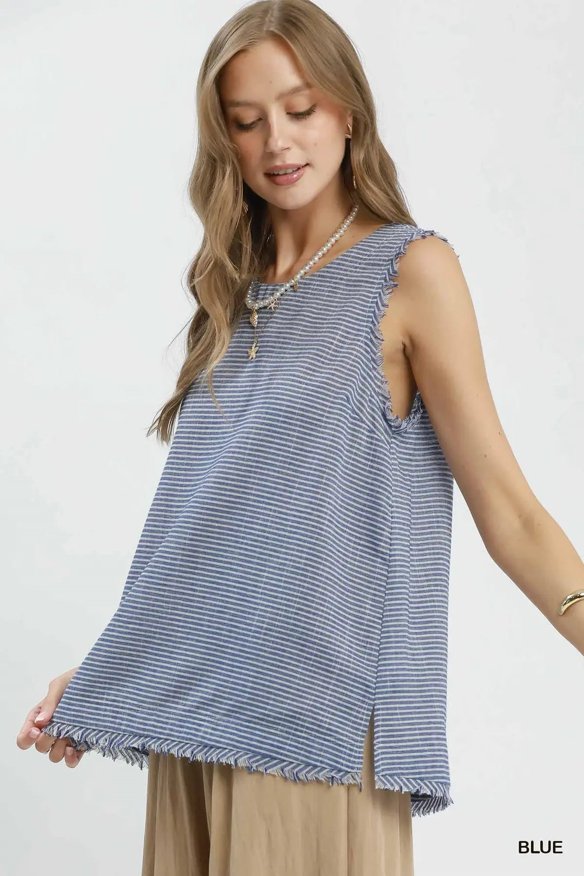 Stripe Fringe Trim Sleeveless Top by Umgee in Blue