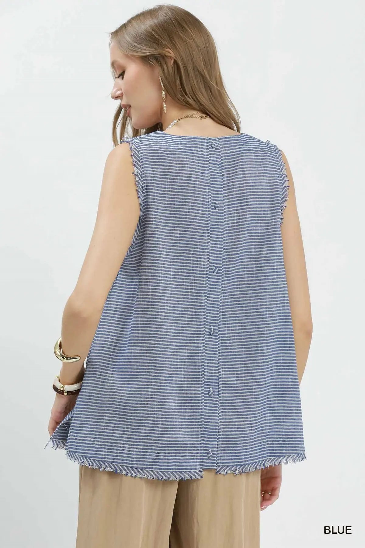Stripe Fringe Trim Sleeveless Top by Umgee in Blue