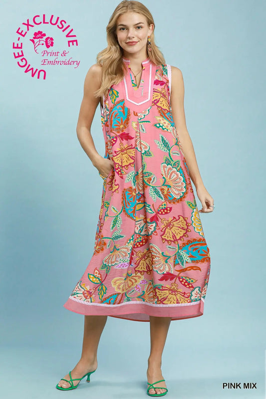 Paisley Floral Sleeveless Midi Dress by Umgee in Pink Mix