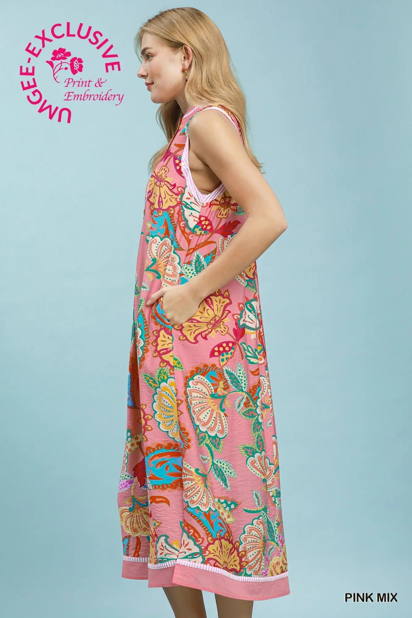 Paisley Floral Sleeveless Midi Dress by Umgee in Pink Mix