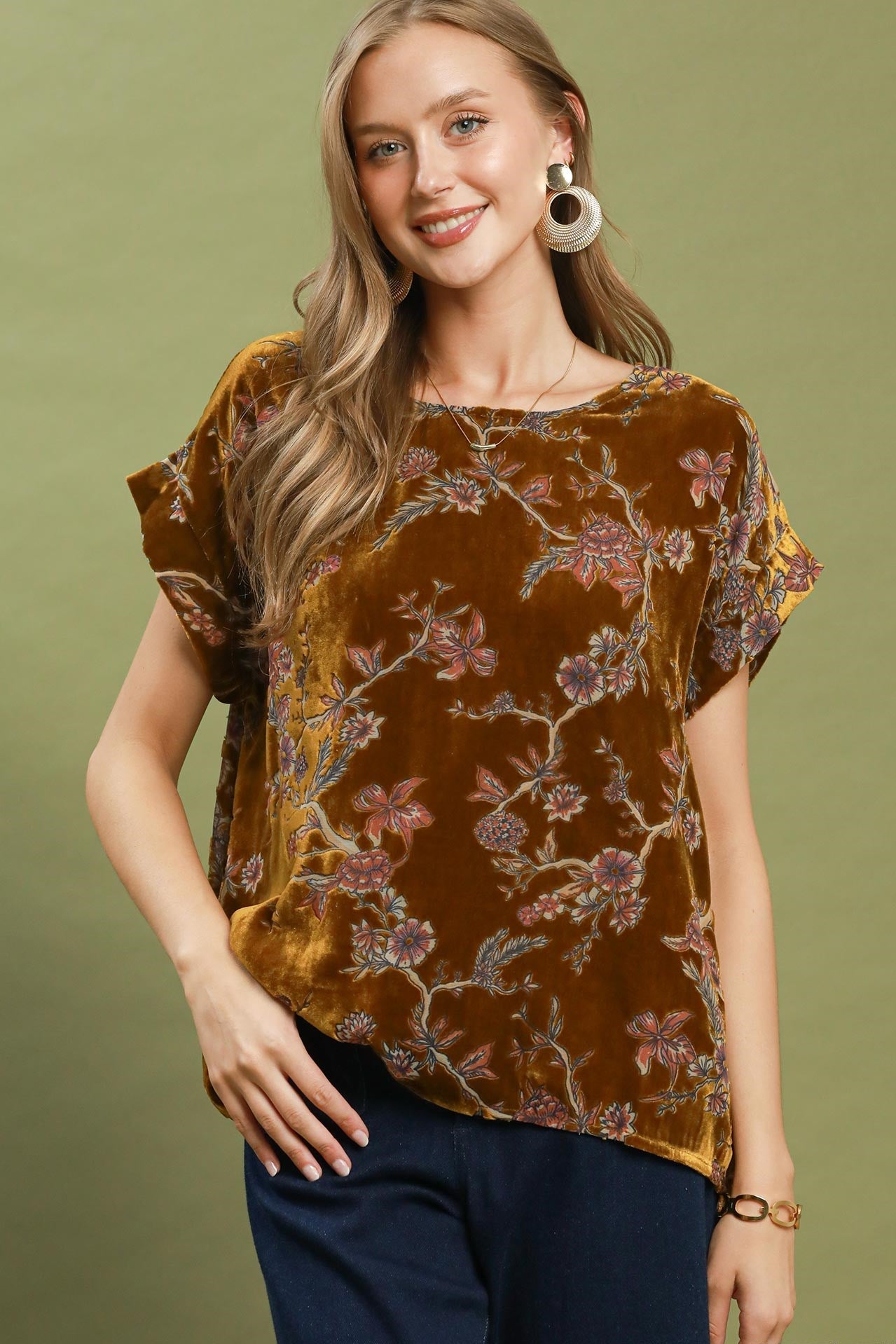 Mix Floral Velvet Boxy Top by Umgee in Camel Mix