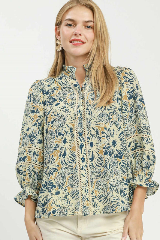 Floral Print Lace Trim Button Front Blouse by Umgee in Denim