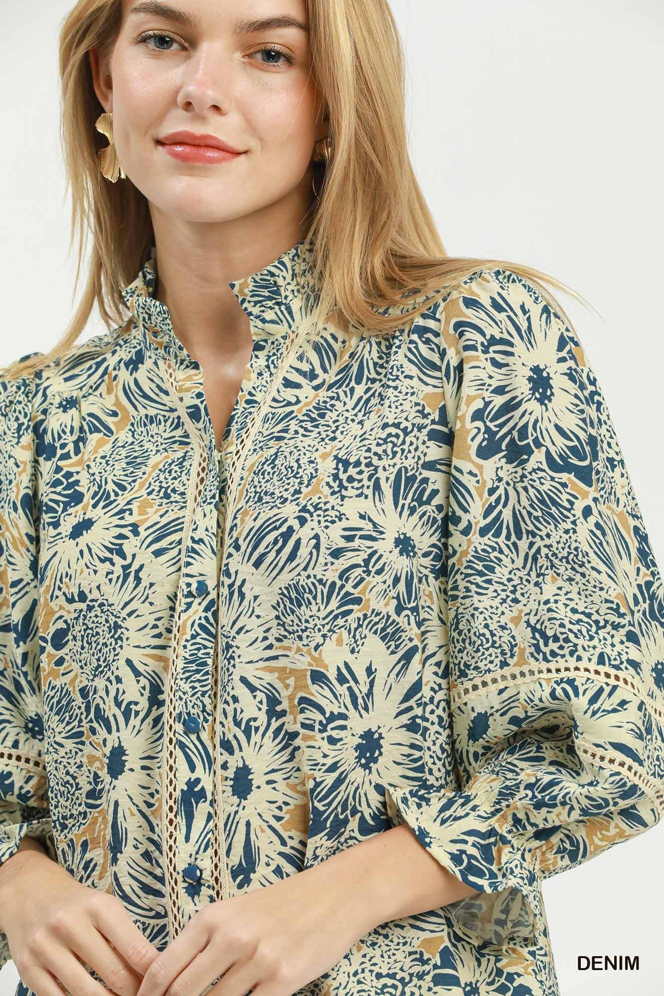 Floral Print Lace Trim Button Front Blouse by Umgee in Denim