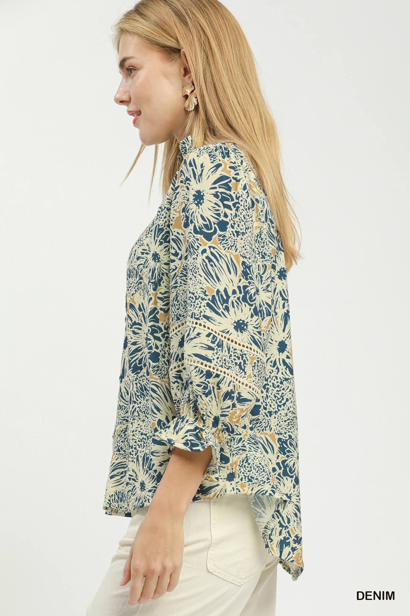 Floral Print Lace Trim Button Front Blouse by Umgee in Denim