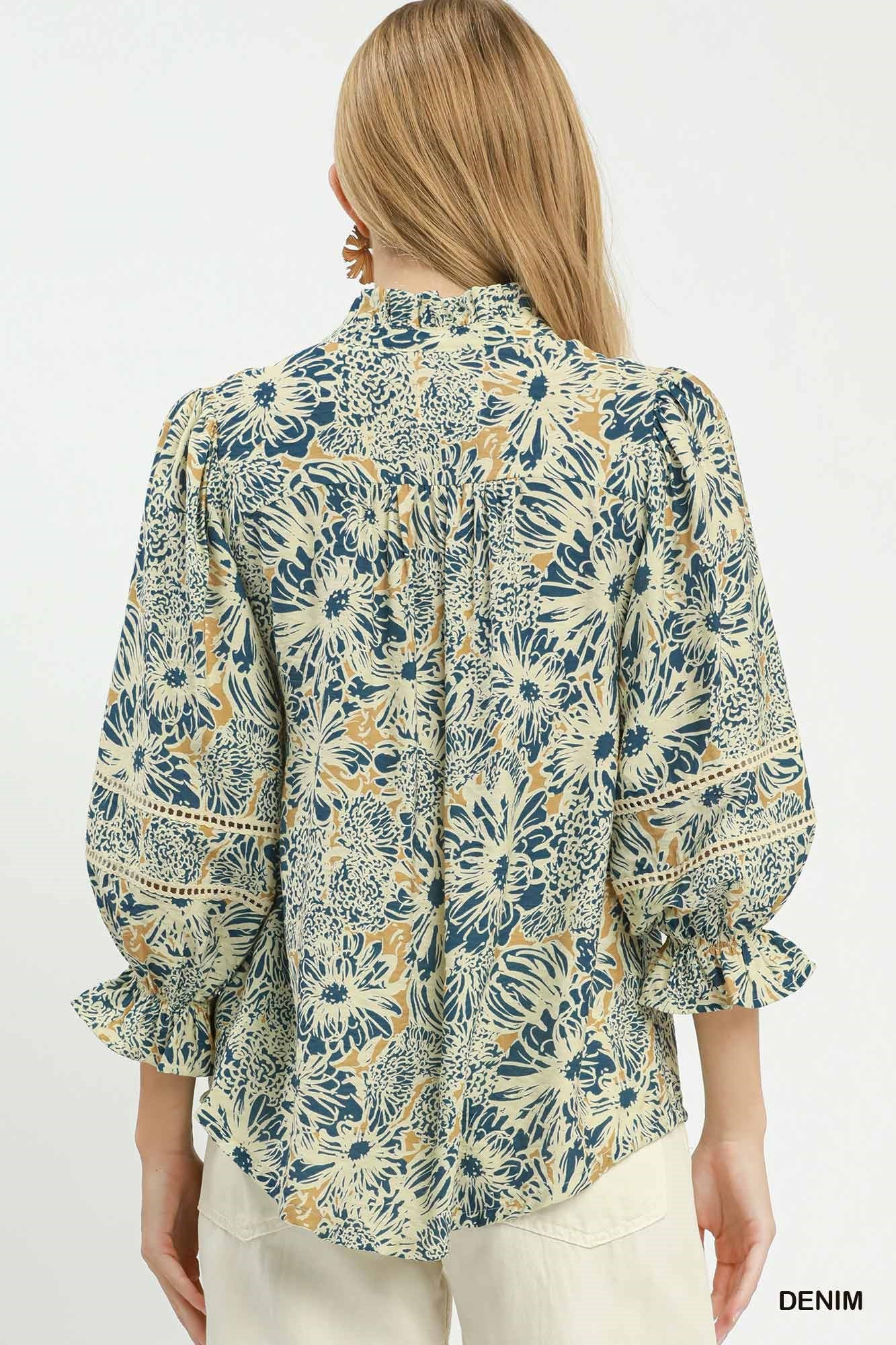 Floral Print Lace Trim Button Front Blouse by Umgee in Denim