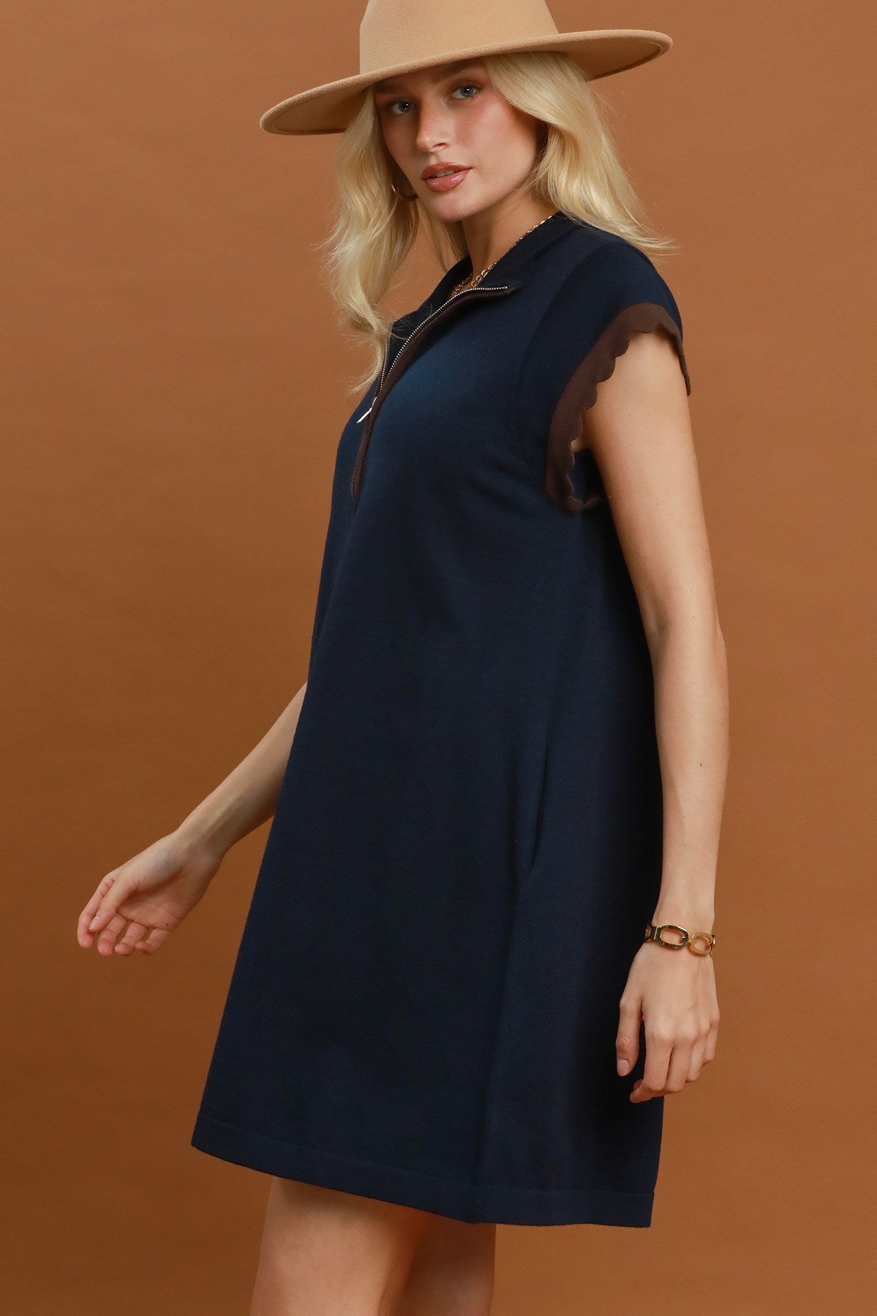 Half-Zip Sweater Knit Mini Dress by Umgee in Navy