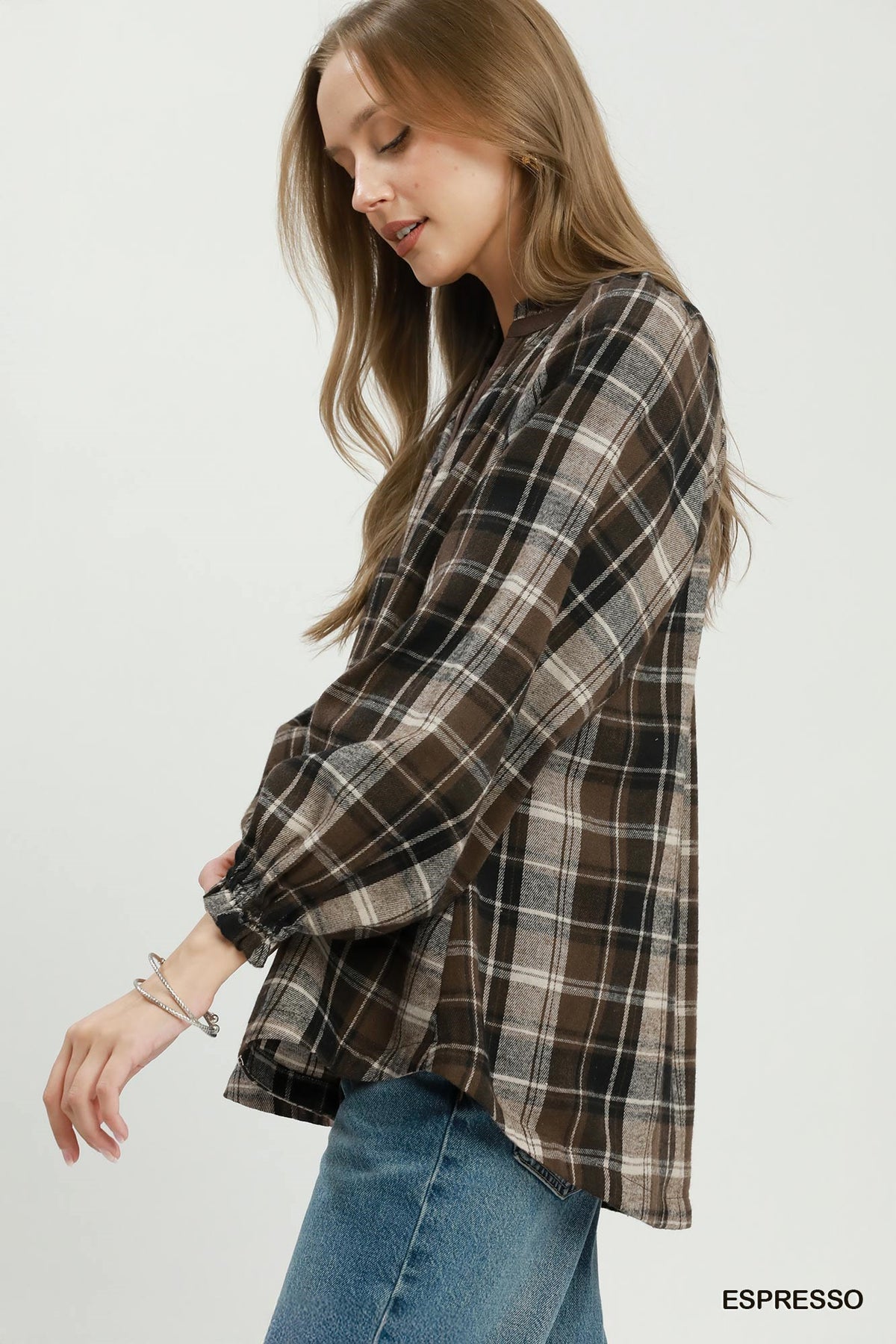 Plaid Button Down Long Sleeve Relaxed Top by Umgee in Espresso