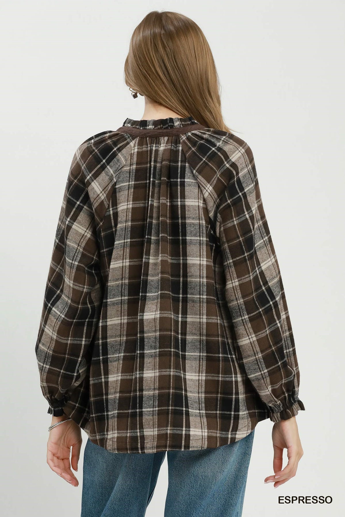 Plaid Button Down Long Sleeve Relaxed Top by Umgee in Espresso
