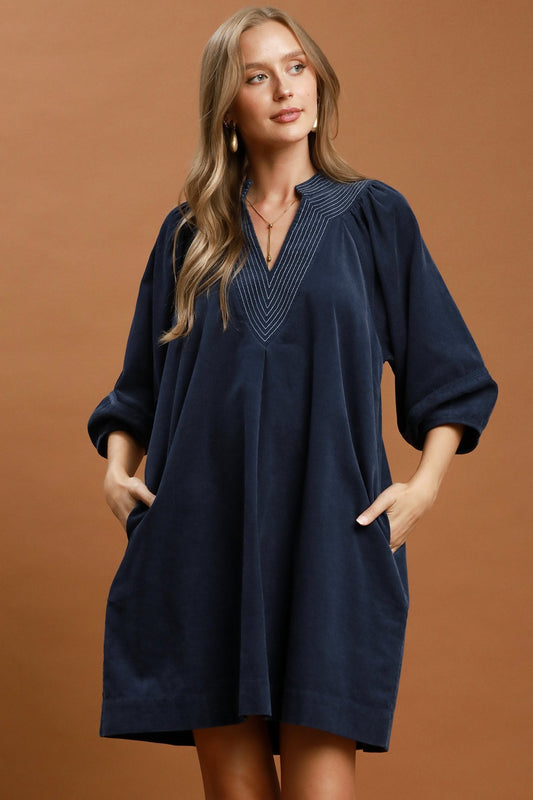 Corduroy Puff Sleeve Shift Dress with Pockets by Umgee in Navy