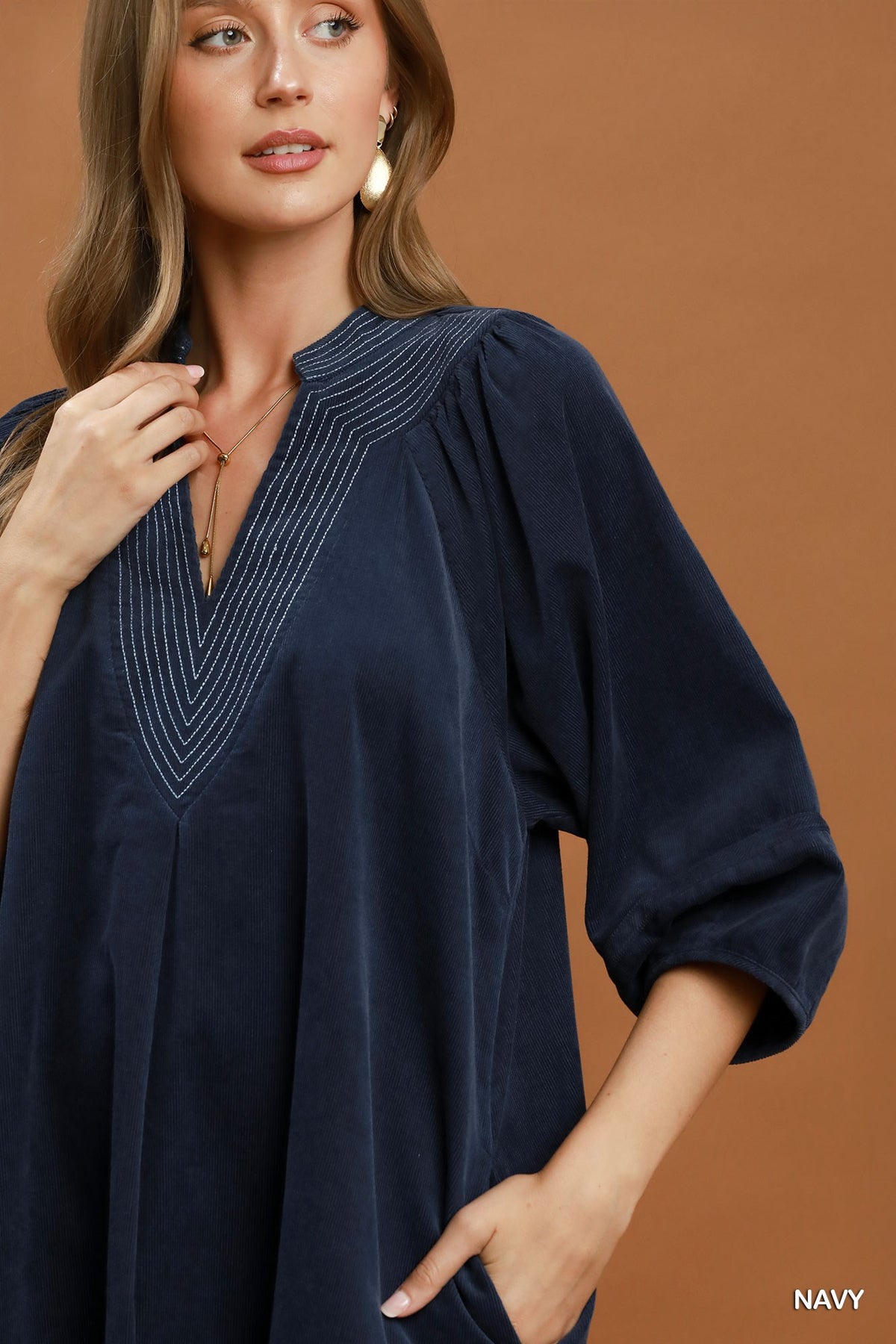 Corduroy Puff Sleeve Shift Dress with Pockets by Umgee in Navy