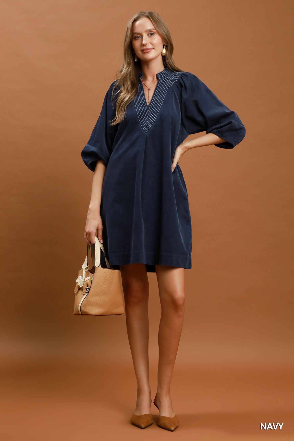 Corduroy Puff Sleeve Shift Dress with Pockets by Umgee in Navy