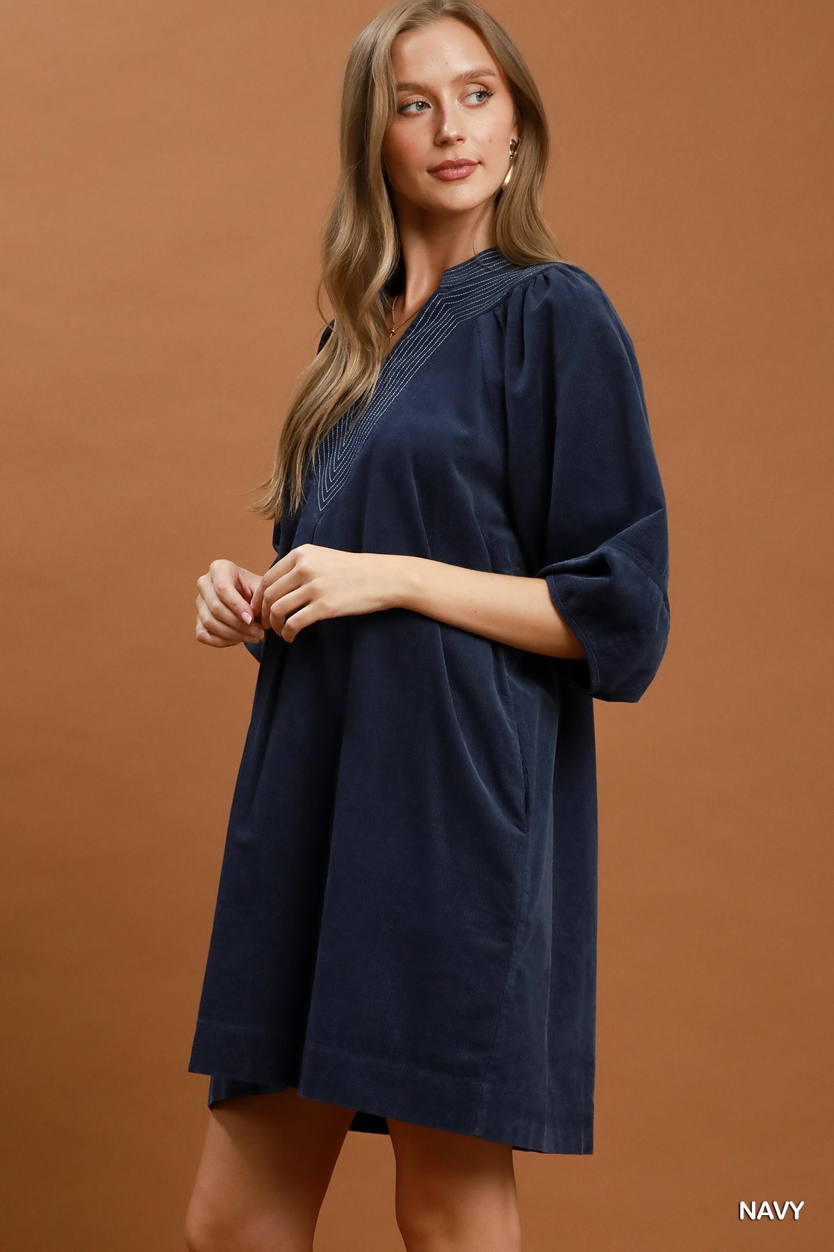 Corduroy Puff Sleeve Shift Dress with Pockets by Umgee in Navy