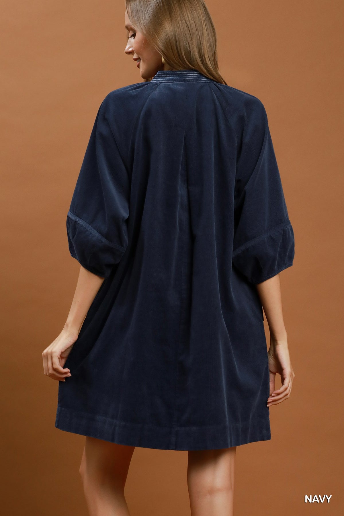 Corduroy Puff Sleeve Shift Dress with Pockets by Umgee in Navy