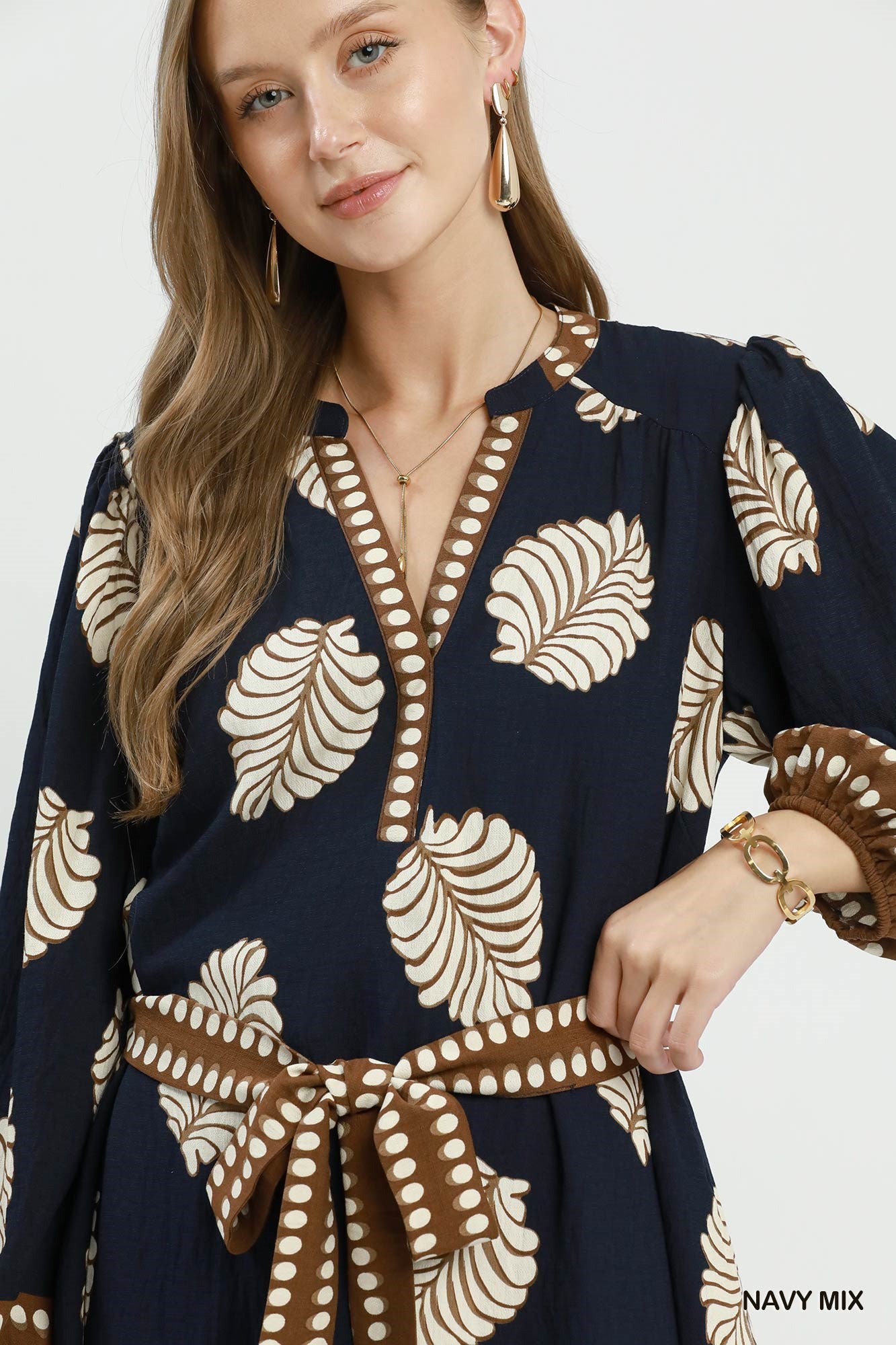 Mix Leaf Print Belted Midi Dress by Umgee in Navy Mix