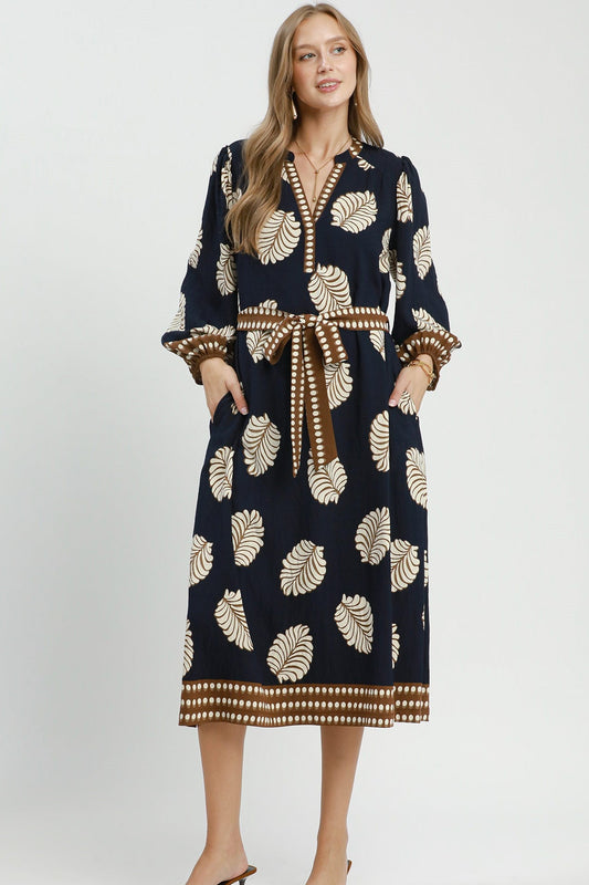 Mix Leaf Print Belted Midi Dress by Umgee in Navy Mix