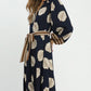 Mix Leaf Print Belted Midi Dress by Umgee in Navy Mix