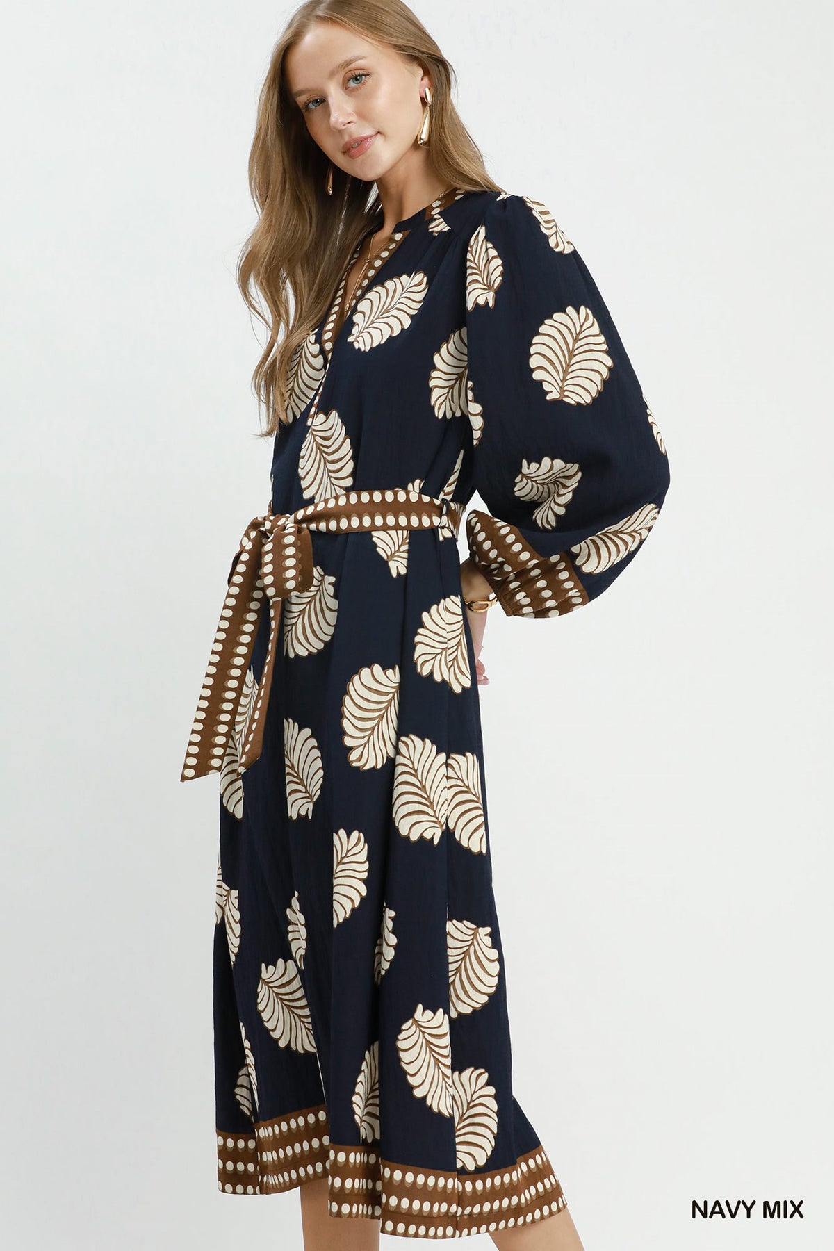 Mix Leaf Print Belted Midi Dress by Umgee in Navy Mix
