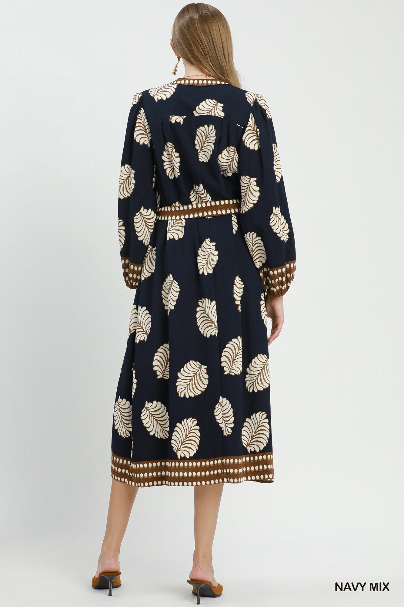 Mix Leaf Print Belted Midi Dress by Umgee in Navy Mix