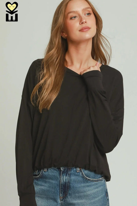 Double Lined Bubble Hem Long Sleeve Top by Umgee in Black