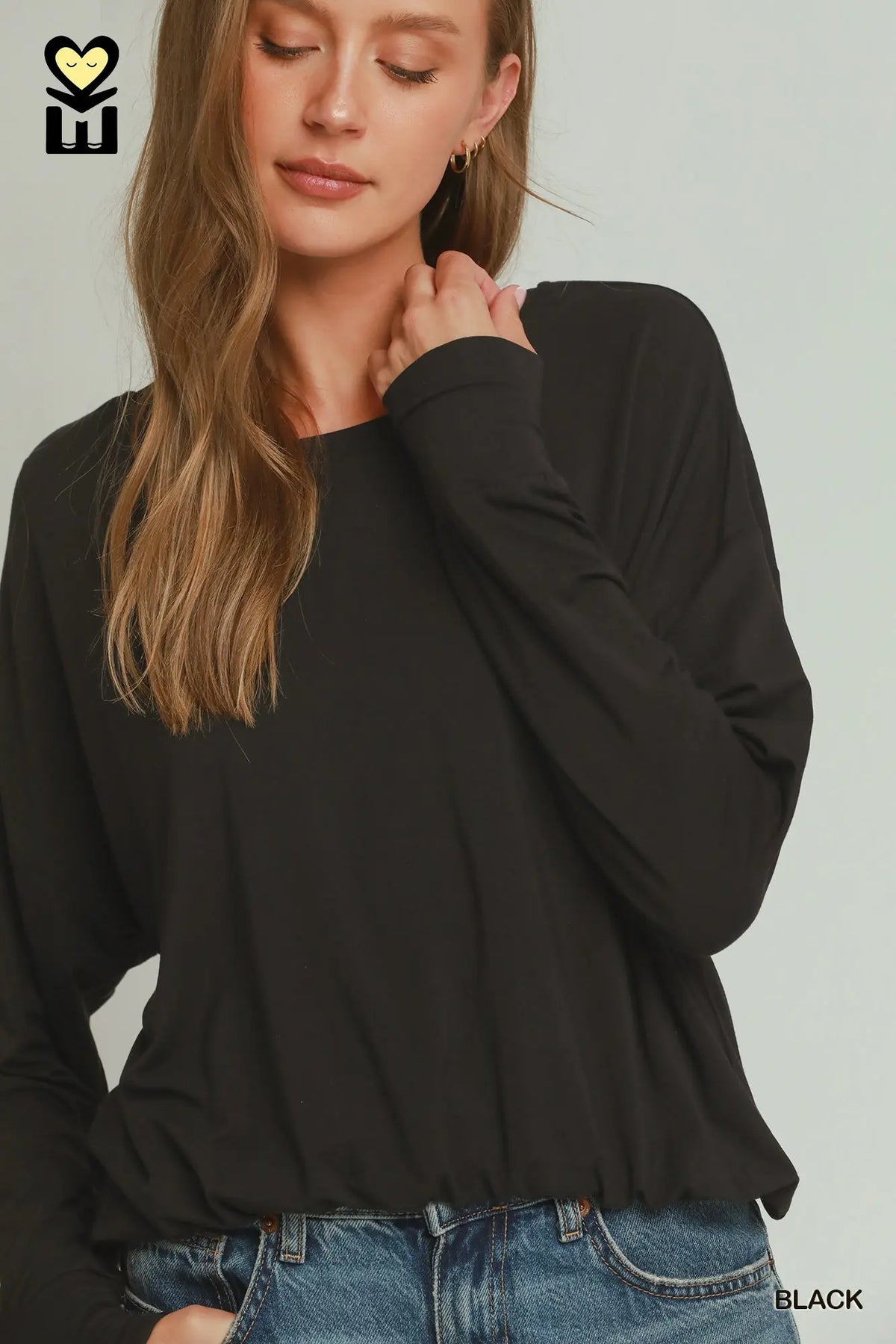 Double Lined Bubble Hem Long Sleeve Top by Umgee in Black