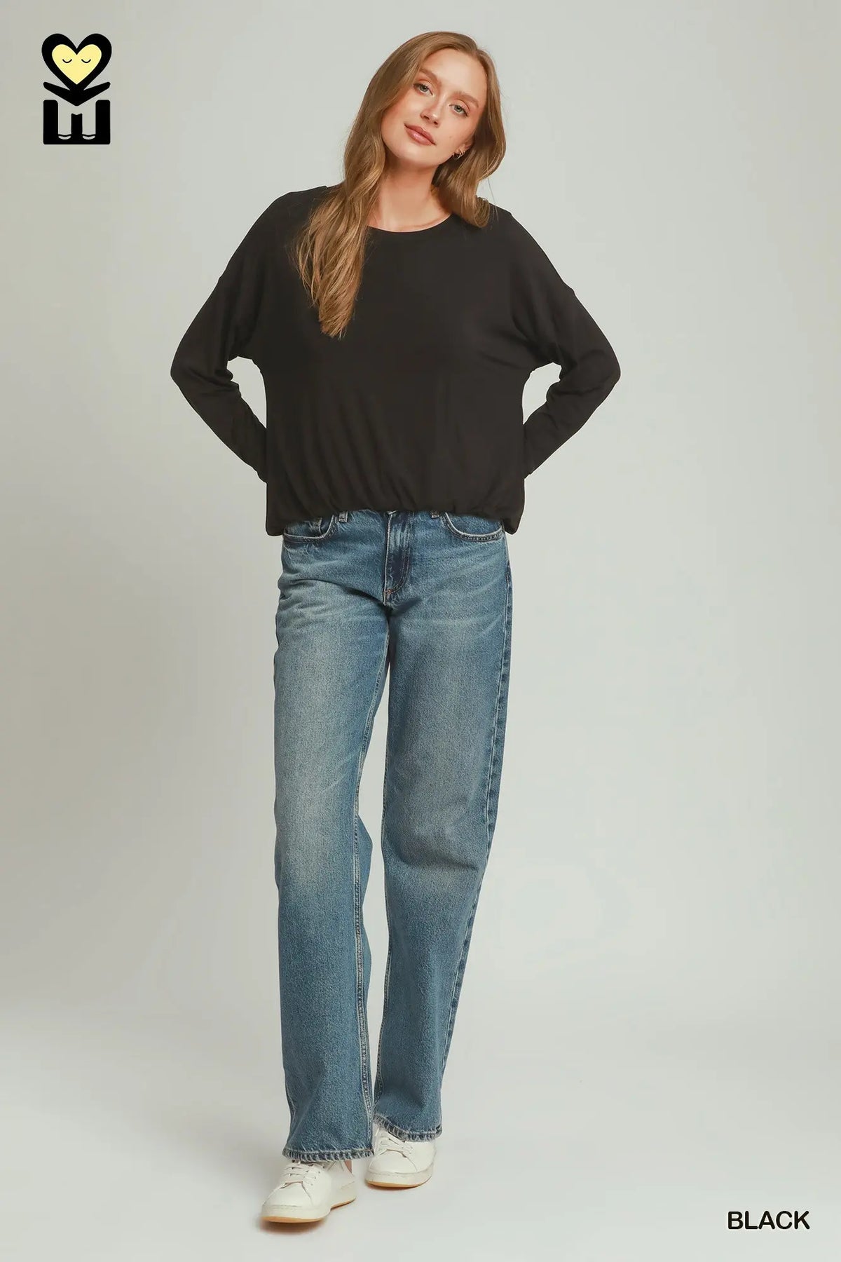 Double Lined Bubble Hem Long Sleeve Top by Umgee in Black