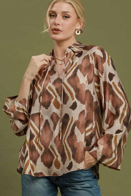 Abstract Ikat Print Tie-Neck Blouse by Umgee in Chocolate