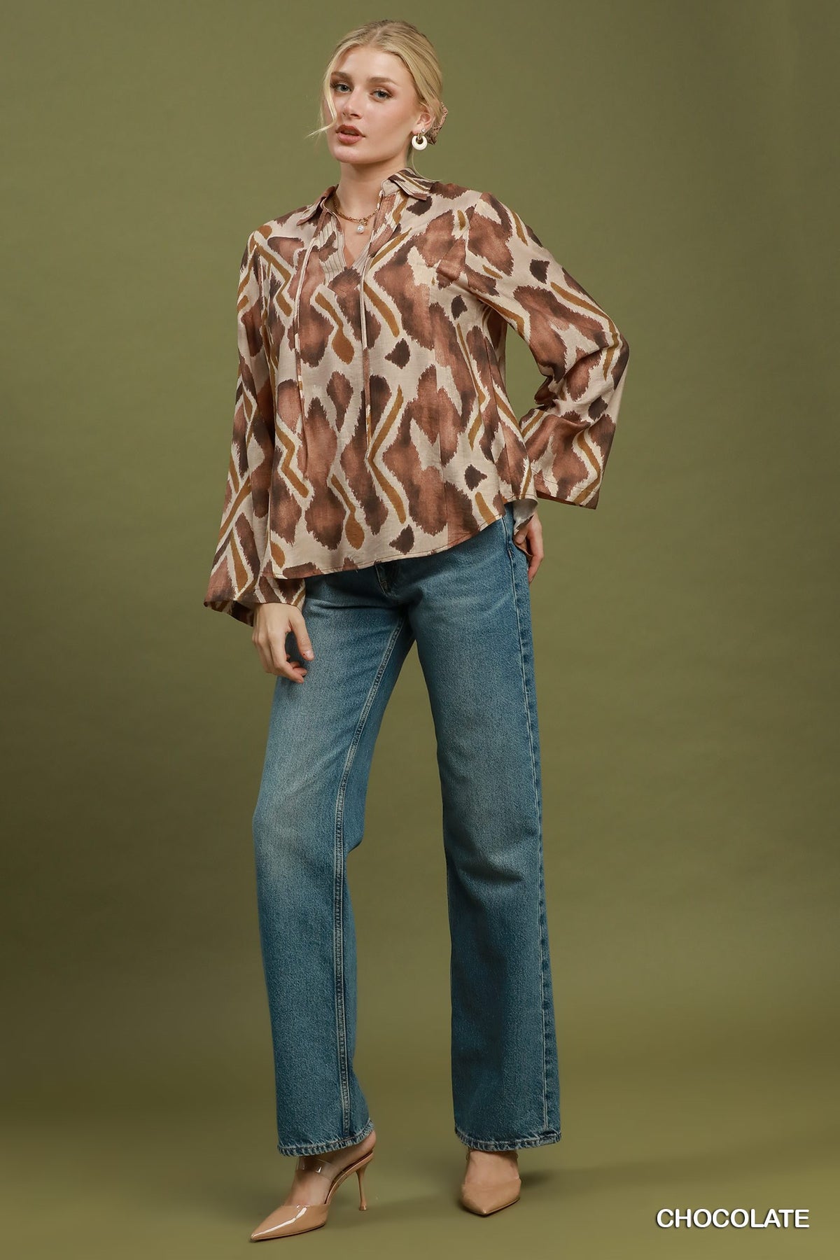 Abstract Ikat Print Tie-Neck Blouse by Umgee in Chocolate