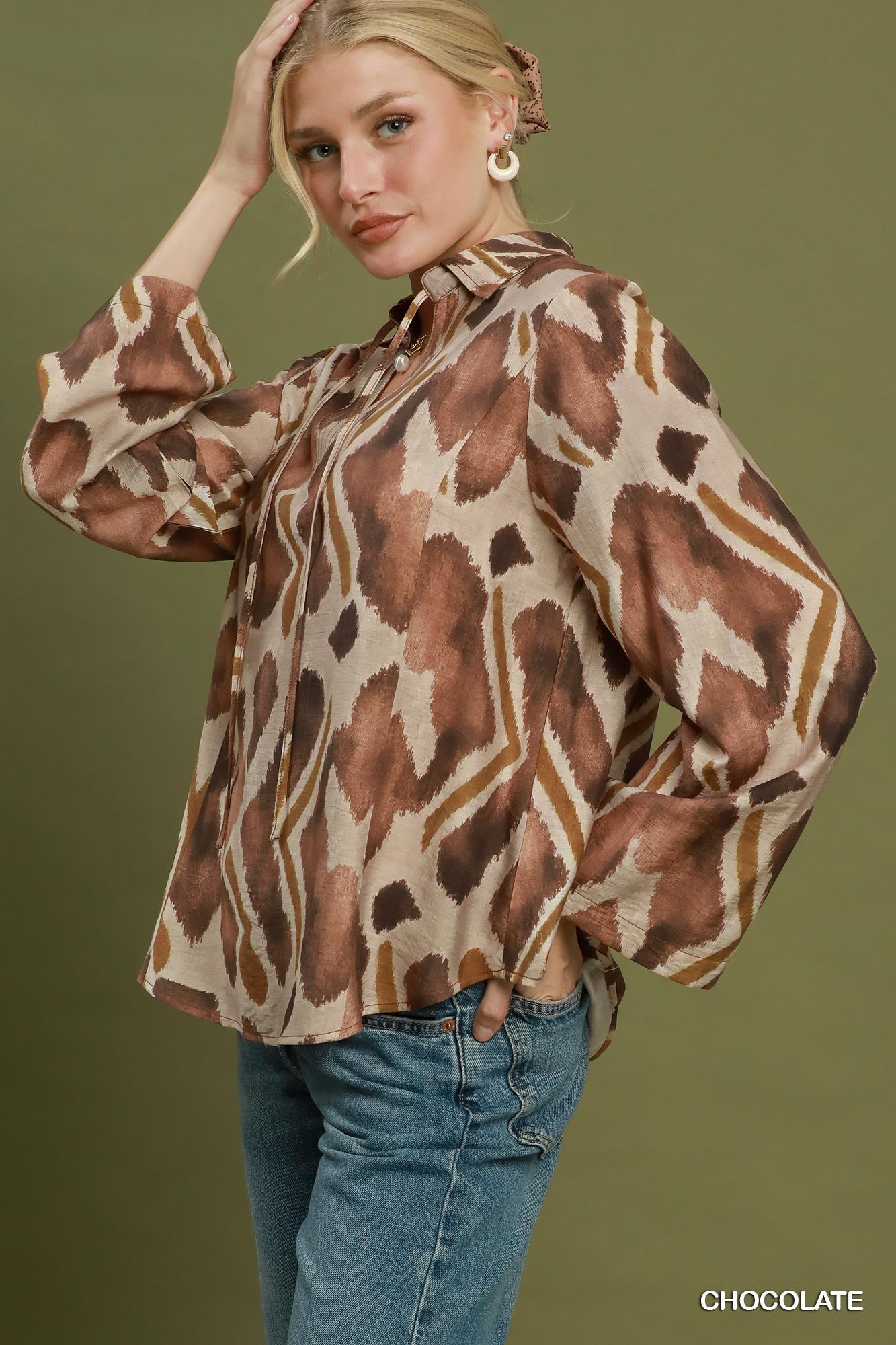 Abstract Ikat Print Tie-Neck Blouse by Umgee in Chocolate