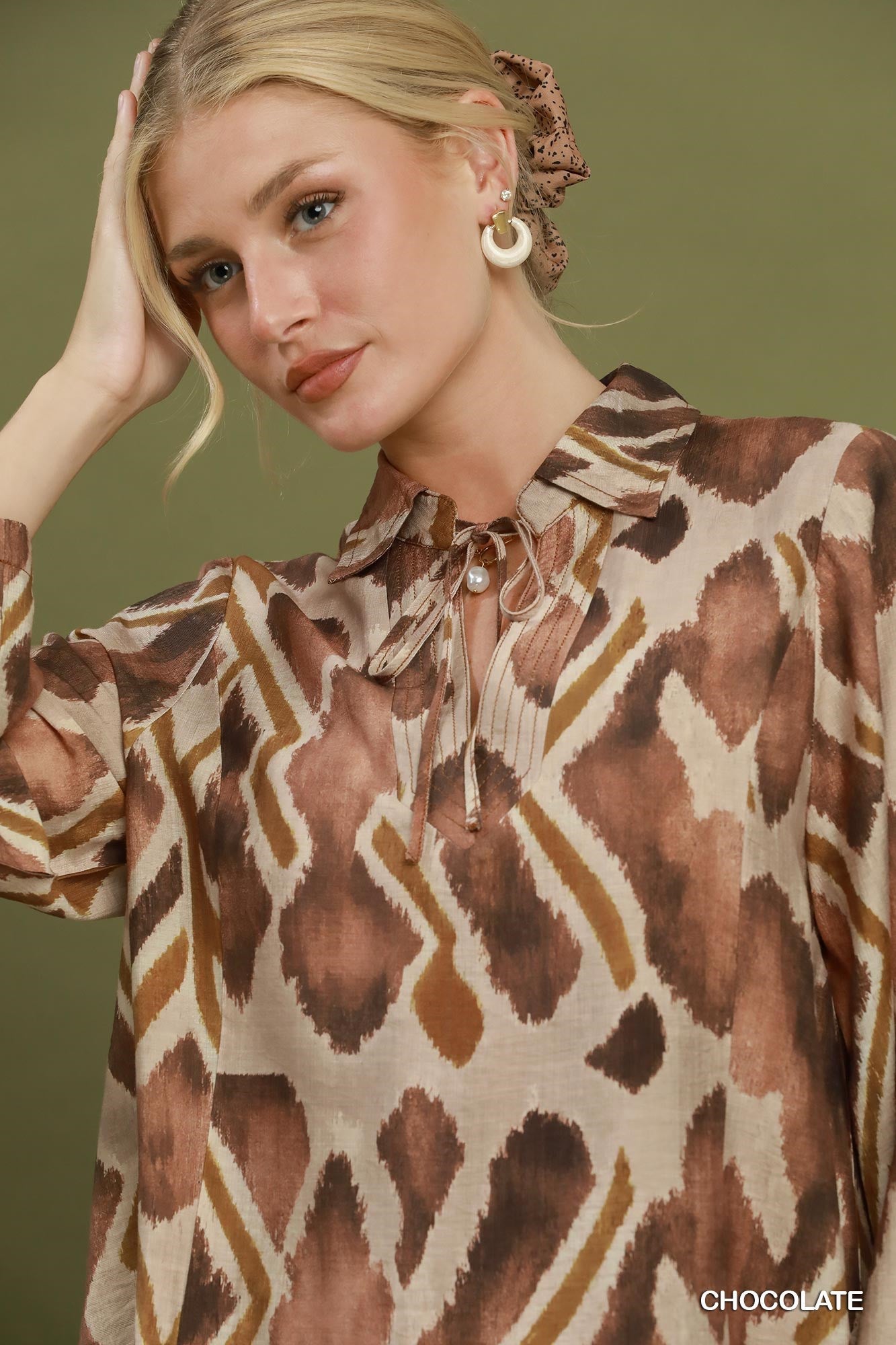 Abstract Ikat Print Tie-Neck Blouse by Umgee in Chocolate
