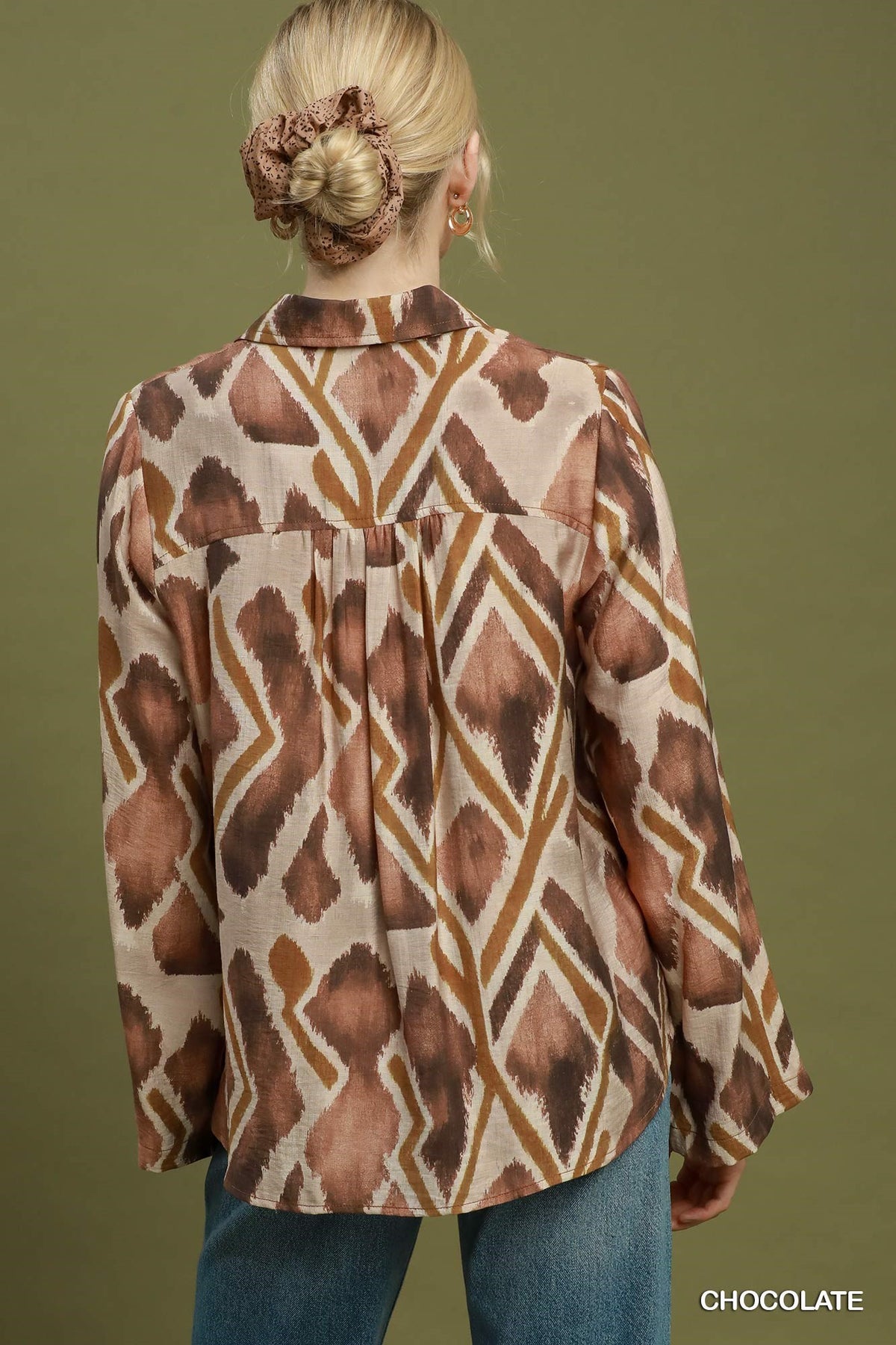 Abstract Ikat Print Tie-Neck Blouse by Umgee in Chocolate