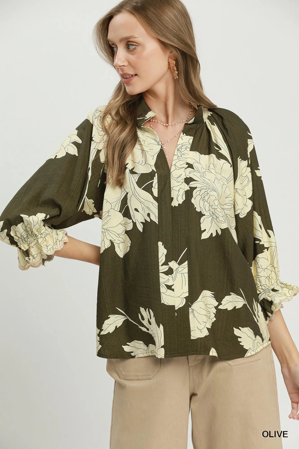 Floral Split Neck Blouse by Umgee in Olive