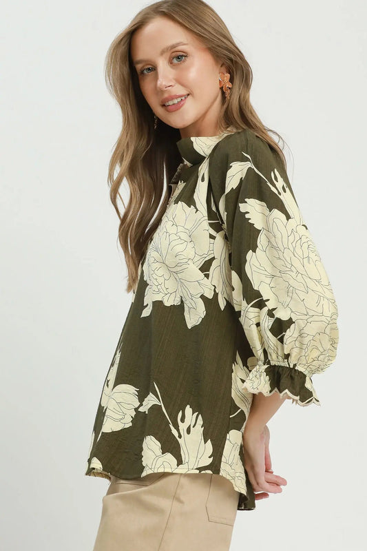 Floral Split Neck Blouse by Umgee in Olive