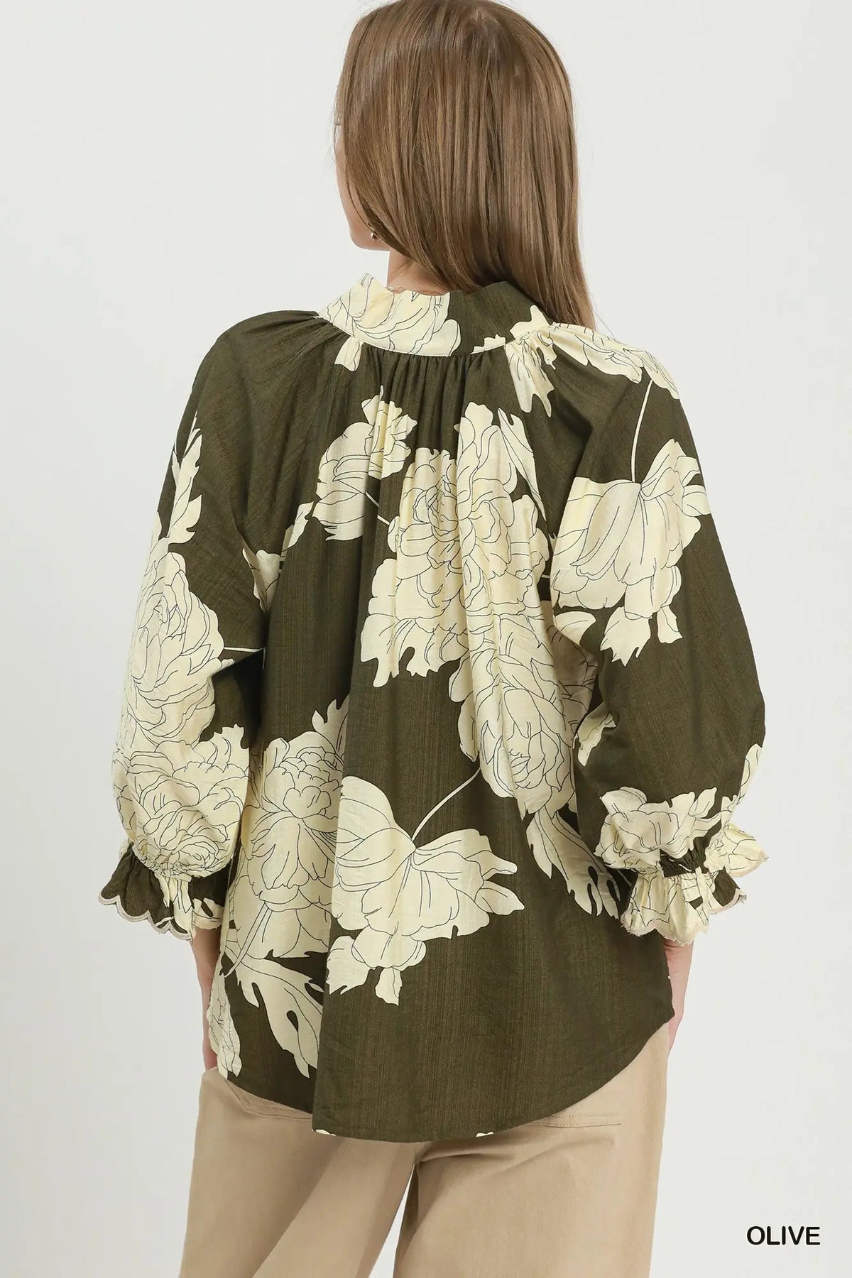 Floral Split Neck Blouse by Umgee in Olive