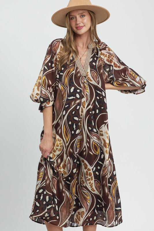 Abstract Print Midi Dress by Umgee in Brown