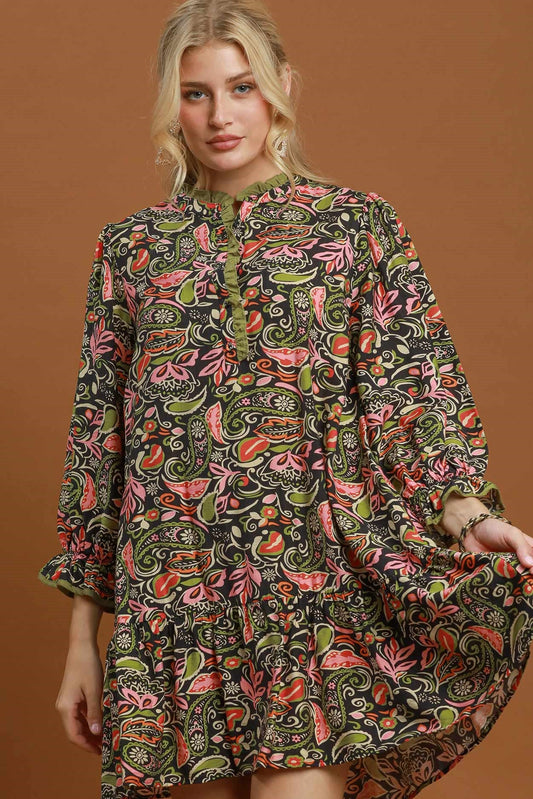 Boho Paisley Print Tiered Mini Dress by Umgee in Black Mix