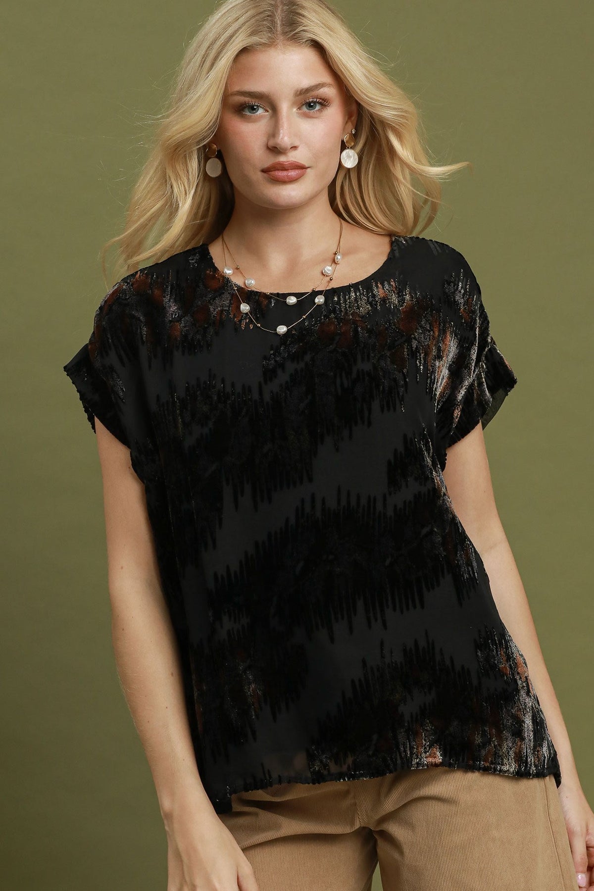 Abstract Velvet Burnout Short Sleeve Top by Umgee in Black
