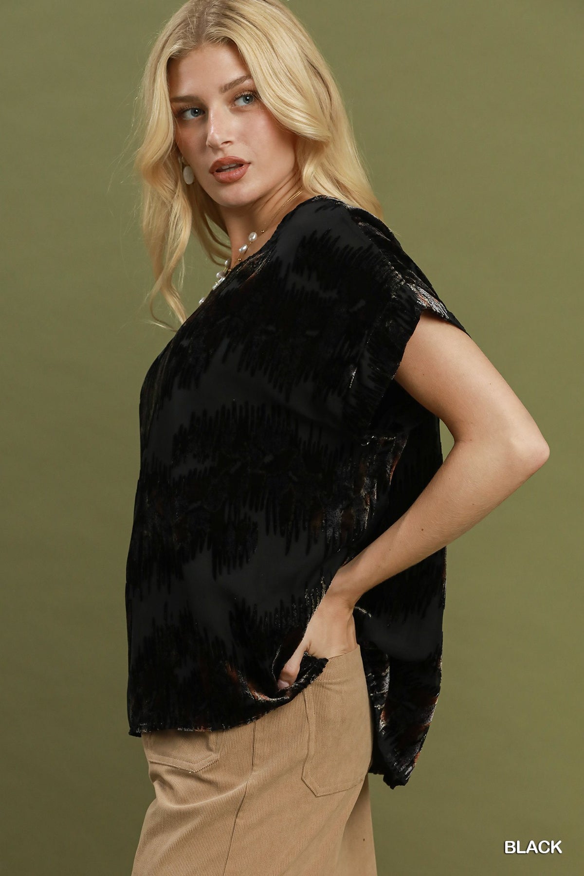 Abstract Velvet Burnout Short Sleeve Top by Umgee in Black