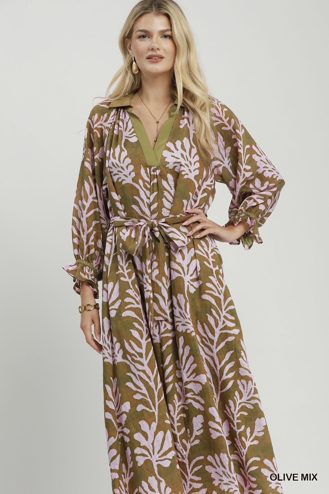 Collared Print Midi Dress by Umgee in Olive Mix