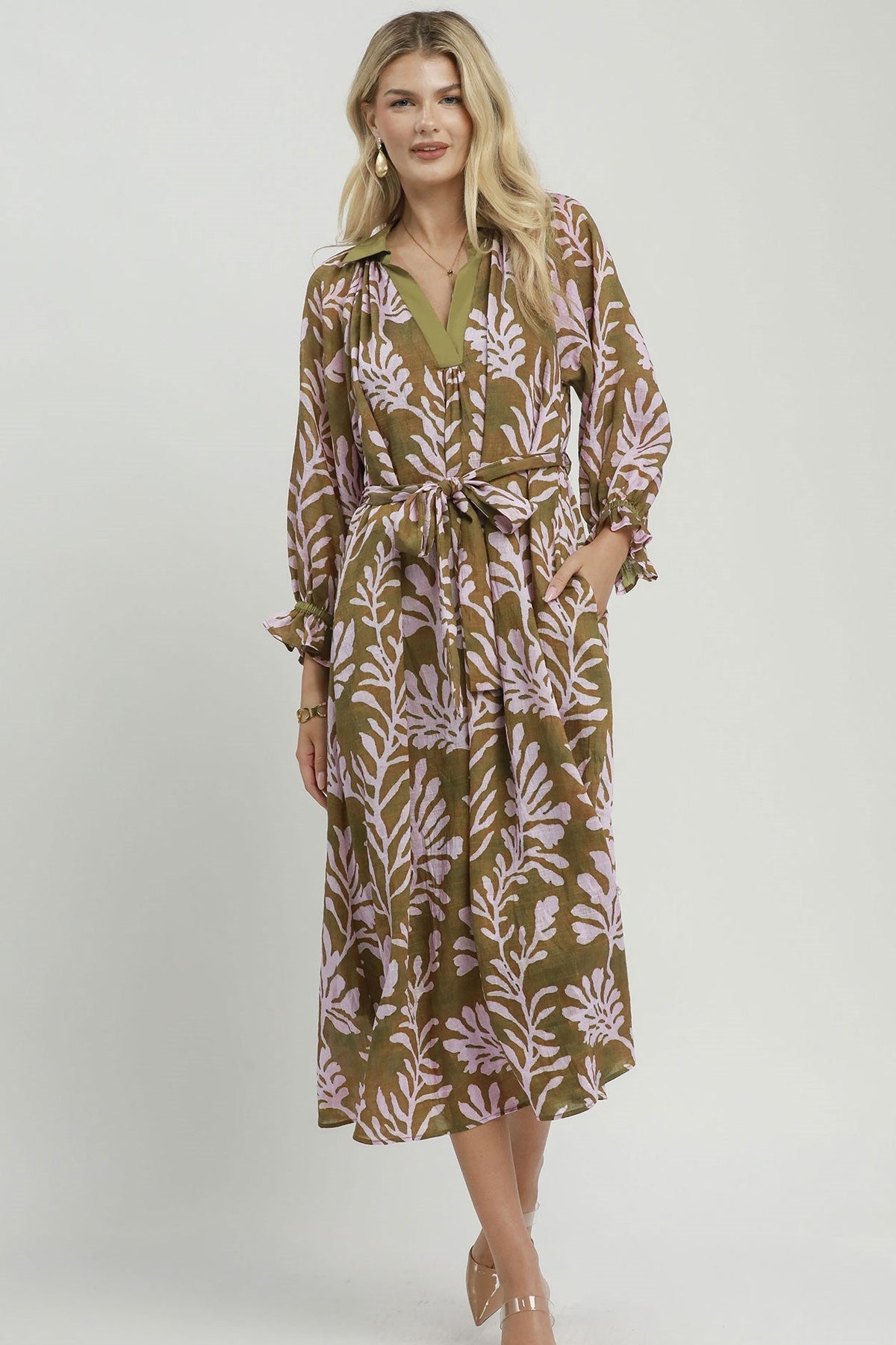 Collared Print Midi Dress by Umgee in Olive Mix