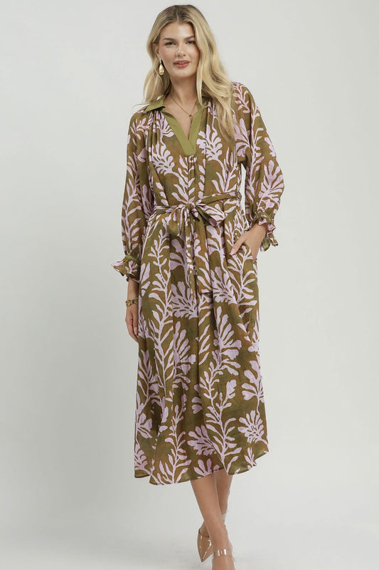 Collared Print Midi Dress by Umgee in Olive Mix