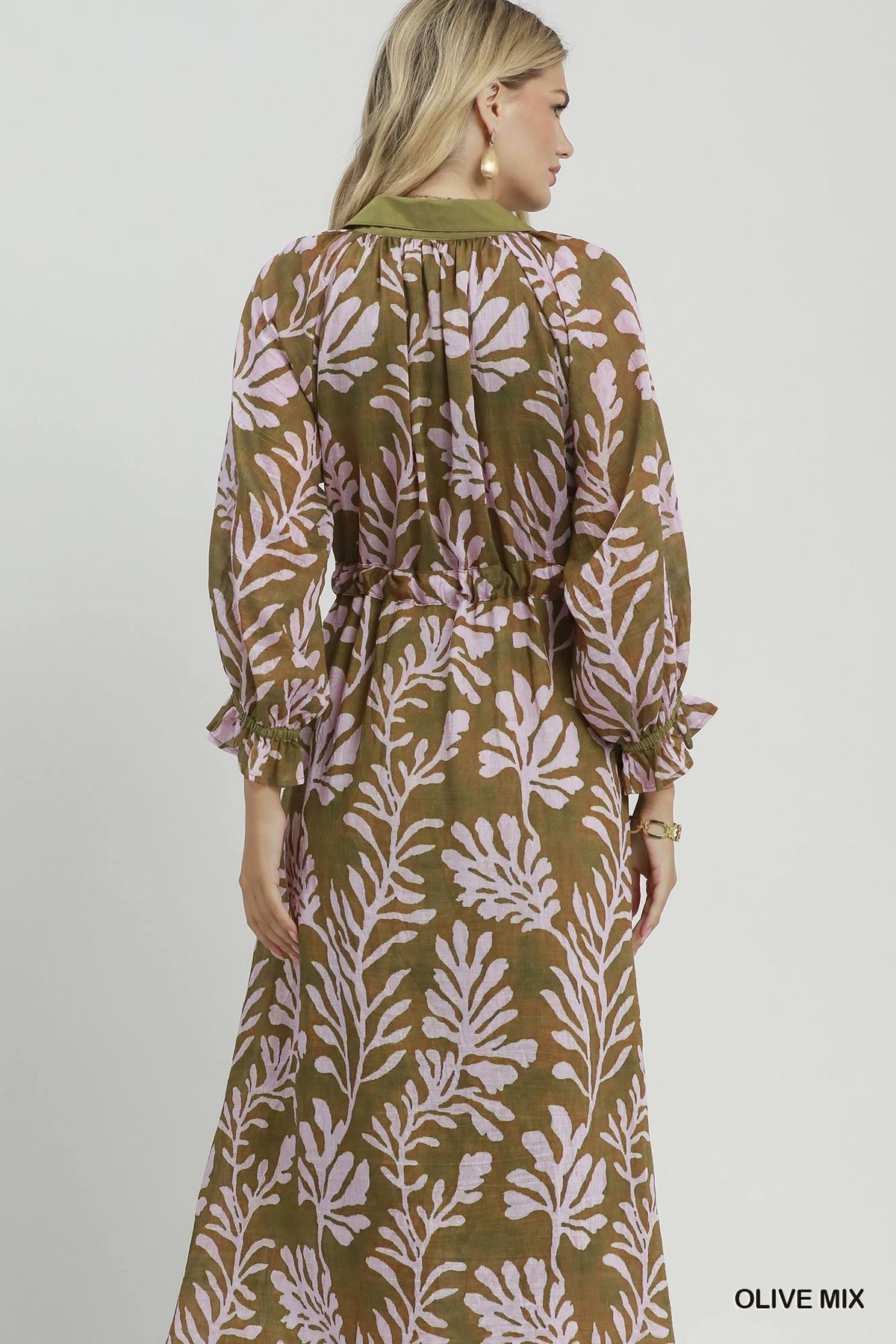 Collared Print Midi Dress by Umgee in Olive Mix