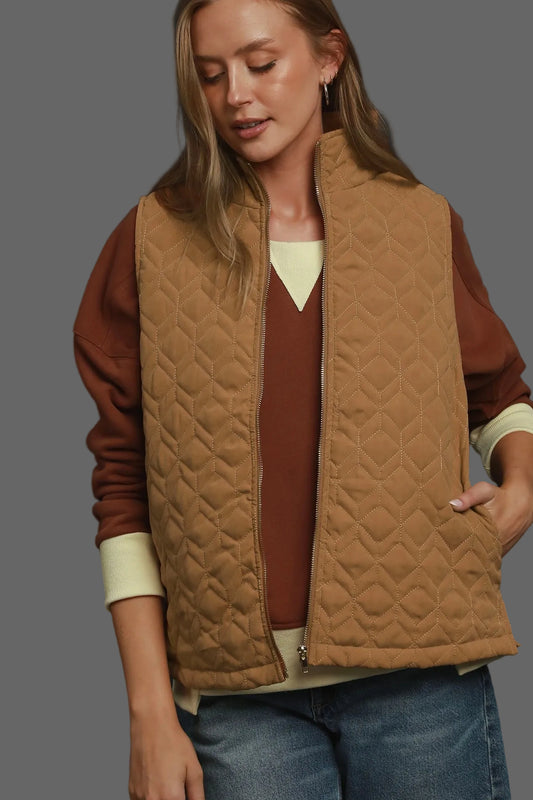 Wanderlight Quilted Zip-Up Vest by Umgee in Camel