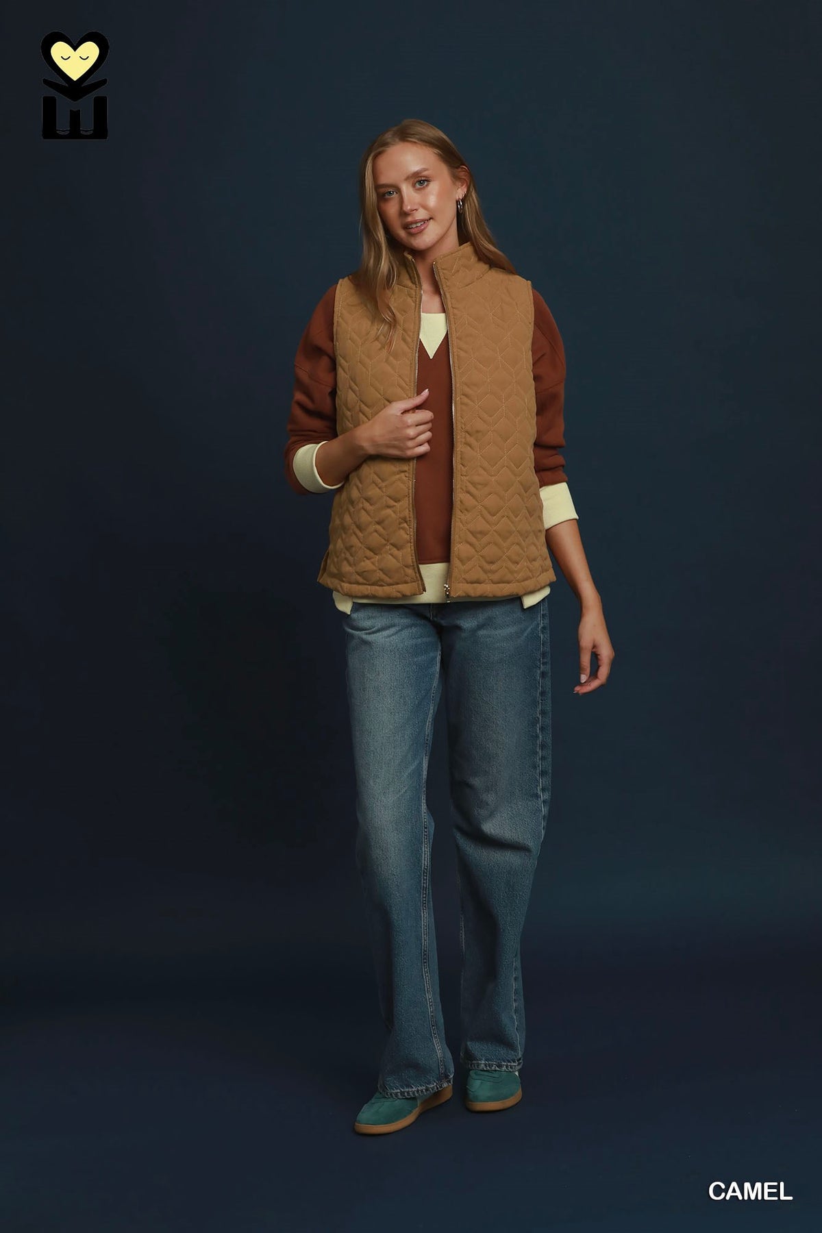 Wanderlight Quilted Zip-Up Vest by Umgee in Camel