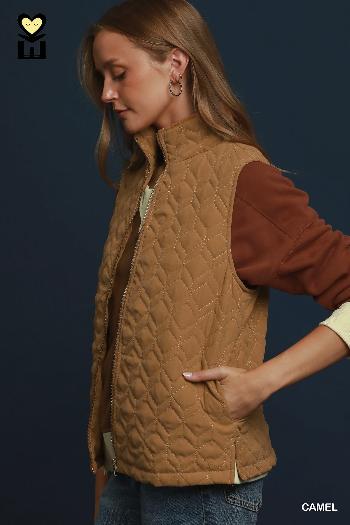 Wanderlight Quilted Zip-Up Vest by Umgee in Camel