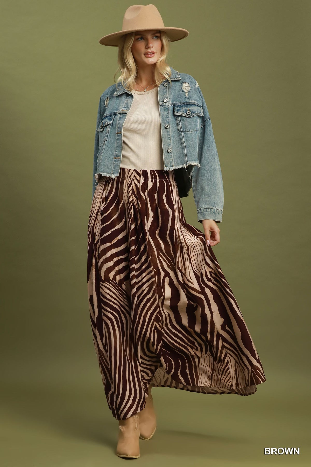 Zebra Print Wide Leg Maxi Skirt by Umgee in Brown