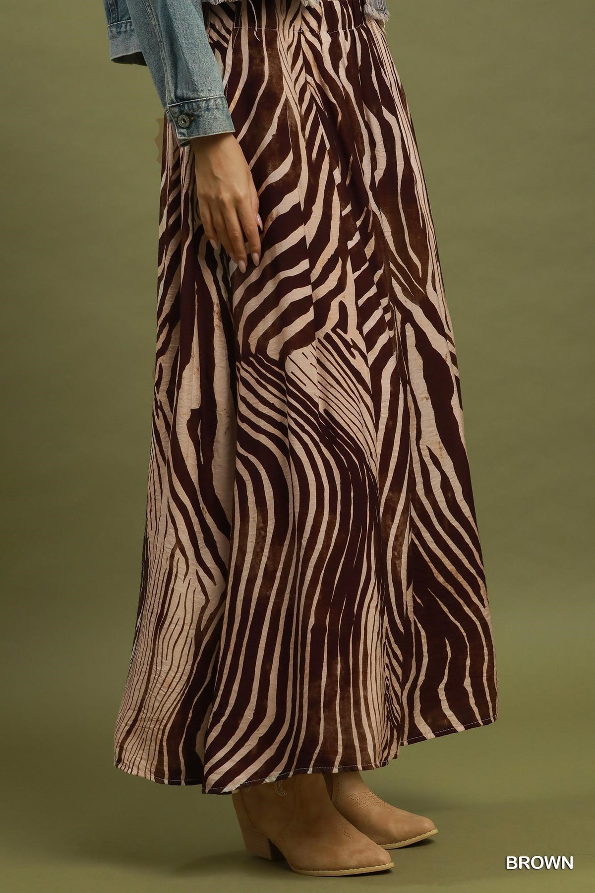 Zebra Print Wide Leg Maxi Skirt by Umgee in Brown