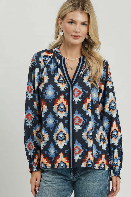 Abstract Medallion Print V-Neck Long Sleeve Blouse by Umgee in Midnight