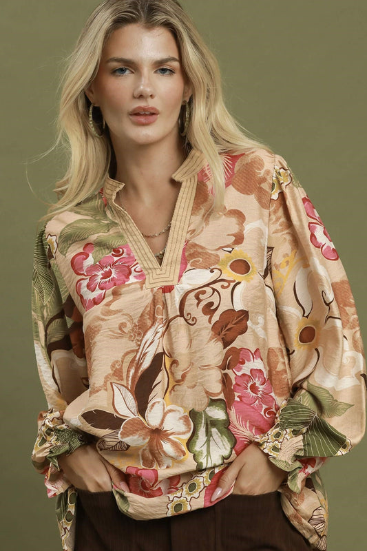 Floral Print Smocked Sleeve Blouse by Umgee in Olive